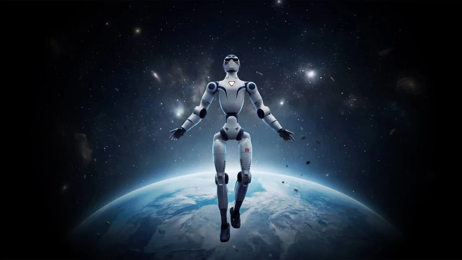 Unitree R1 humanoid robot standing above Earth