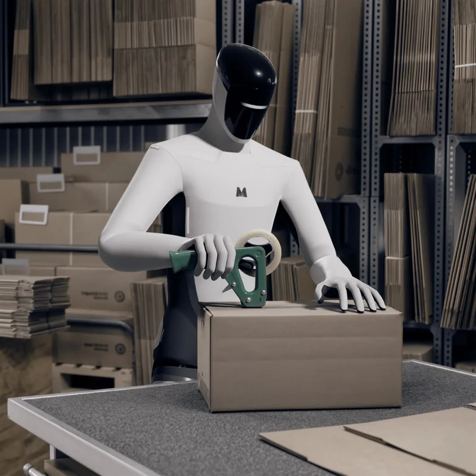 MATRIX-3 humanoid robot using a tape dispenser on a box